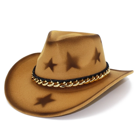 Cappello da Cowboy Western Vintage Motivo a Stelle Decorazione Catena Oro Fedora in Lana per Esterno Festa Uomo Donna