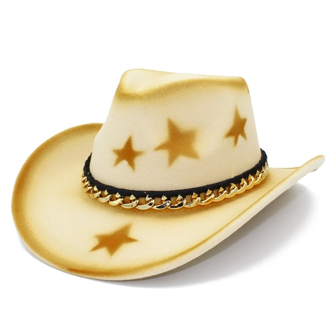 Cappello da Cowboy Western Vintage Motivo a Stelle Decorazione Catena Oro Fedora in Lana per Esterno Festa Uomo Donna