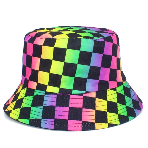 Cappello da Pescatore Reversibile con Stampa a Scacchiera Arcobaleno Cotone Protezione Solare Parasole per Uomo Donna All'aperto