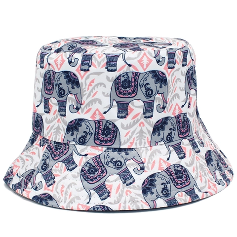 Chapeau Bob Réversible Coton Imprimé Éléphant Côté Noir Pliable Pare-Soleil Pour Extérieur Voyage Femme Homme