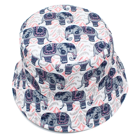 Chapeau Bob Réversible Coton Imprimé Éléphant Côté Noir Pliable Pare-Soleil Pour Extérieur Voyage Femme Homme