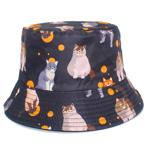 Chapeau Bob en Coton à Imprimé Chat Mignon Pour Femmes Hommes Protection Solaire Pliable Voyage Extérieur Noir