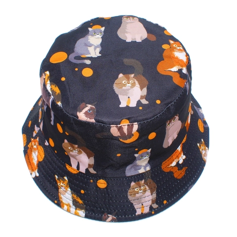 Chapeau Bob en Coton à Imprimé Chat Mignon Pour Femmes Hommes Protection Solaire Pliable Voyage Extérieur Noir
