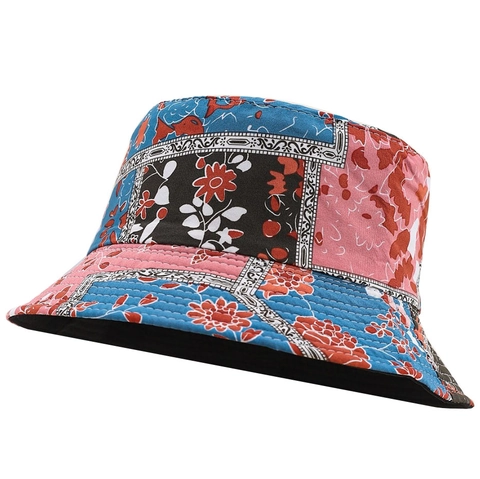 Vintage Floral Patchwork Bucket Hat Reversible Cotton Sun Hat Wide Brim Portable Fisherman Cap For Women Outdoor Travel Beach