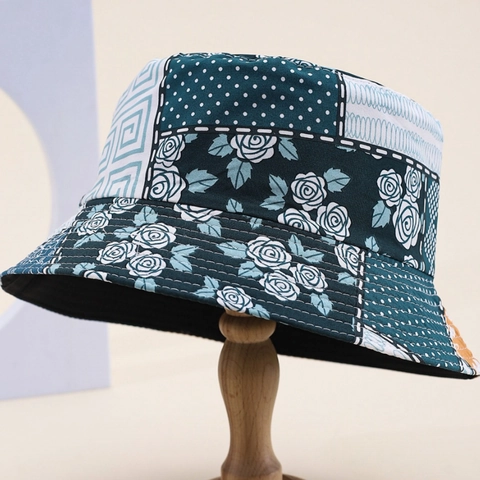 Vintage Καπέλο Bucket Γυναικείο Βαμβακερό Patchwork Με Λουλούδια Διπλής Όψης Αναδιπλούμενο Ηλιοπροστασία Καλοκαίρι Παραλία Ταξίδι
