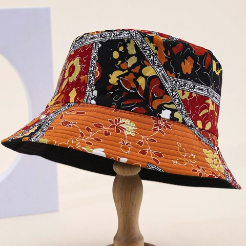 Vintage Floral Patchwork Bucket Hat Reversible Cotton Sun Hat Wide Brim Portable Fisherman Cap For Women Outdoor Travel Beach