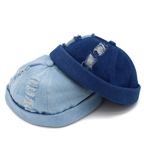 Vintage Distressed Denim Miki Hat voor Heren Dames Unisex Gescheurde Docker Cap Retro Verstelbare Streetwear Skullcap