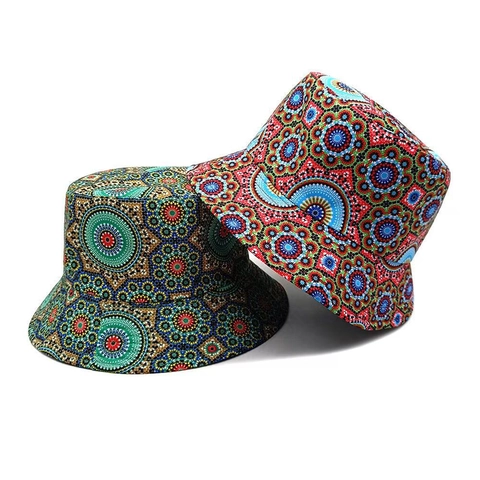 Vintage Ethnic Mandala Bucket Hat Reversible Sun Protection Cotton Cap Geometric Kaleidoscope Print Travel Outdoor Beach Hat