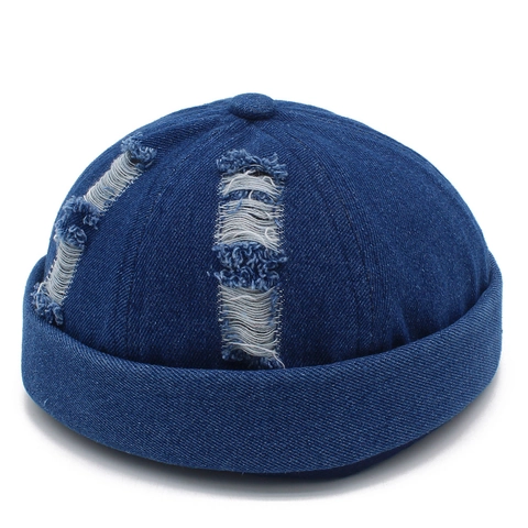 Vintage Distressed Denim Miki Hat voor Heren Dames Unisex Gescheurde Docker Cap Retro Verstelbare Streetwear Skullcap