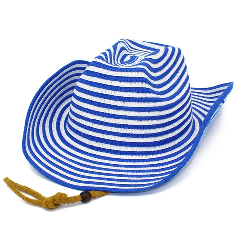 Unisex Gestreepte Western Cowboy Strohoed Brede Rand Zonbescherming Zomer Strand Fedora Hoed Met Verstelbaar Windtouw