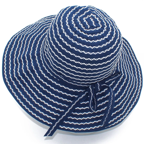 Cappello da Sole Donna Moda Fiocco Strisce Ondulate Pieghevole Tesa Larga Cotone Cappello alla Pescatora Elegante Spiaggia Estate