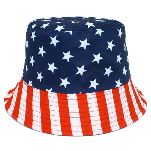 Reversible USA Flag Bucket Hat Cotton Stars And Stripes Sun Hat Foldable Fisherman Cap For Independence Day Men Women