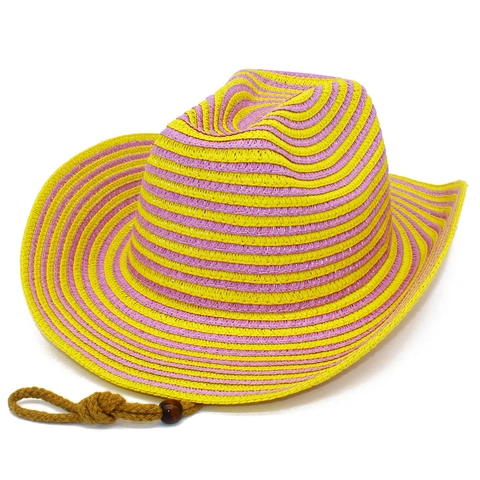 Unisex Gestreepte Western Cowboy Strohoed Brede Rand Zonbescherming Zomer Strand Fedora Hoed Met Verstelbaar Windtouw