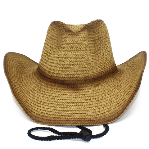 Cappello di Paglia Cowboy Western per Uomo Donna Sfumato Intrecciato Cappello da Sole Con Corda Antivento Regolabile Spiaggia