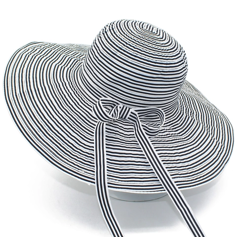 Cappello da Sole a Tesa Larga a Righe da Donna Con Fiocco Pieghevole Parasole Summer Beach Vacation Travel Outdoor