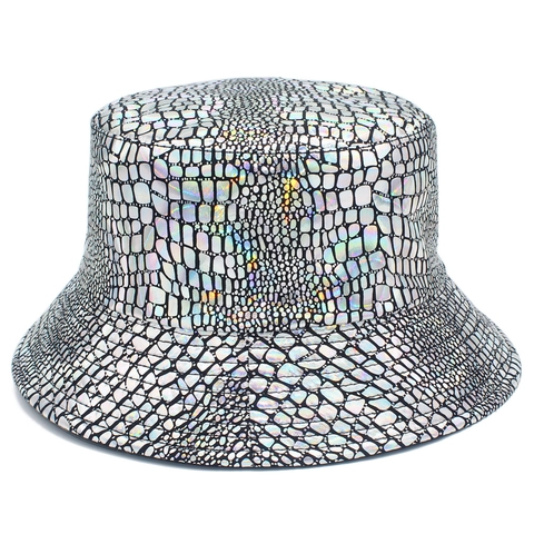 Holographic Silver Bucket Hat Laser Crocodile Pattern Faux Leather Reversible Sun Protection Fisherman Hat For Women Men