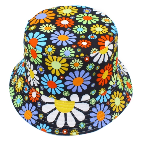 Bob Réversible à Imprimé Marguerites Colorées Pliable en Coton Protection Solaire Chapeau de Pêcheur Double Face pour Femmes Hommes Voyage Extérieur