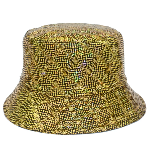 Holographic Gold Checkerboard Bucket Hat For Men Women Reversible Metallic Laser Disco Party Hip Hop Streetwear Sun Hat