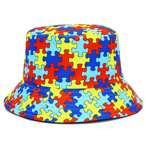 Colorful Puzzle Piece Print Cotton Bucket Hat For Men Women Reversible Hip Hop Outdoor Sun Protection Casual Basin Hat