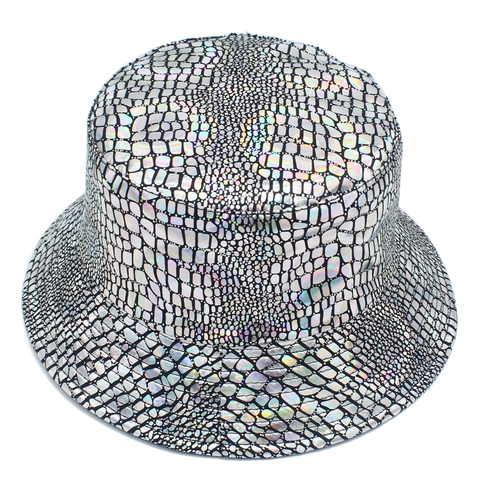 Holographic Silver Bucket Hat Laser Crocodile Pattern Faux Leather Reversible Sun Protection Fisherman Hat For Women Men