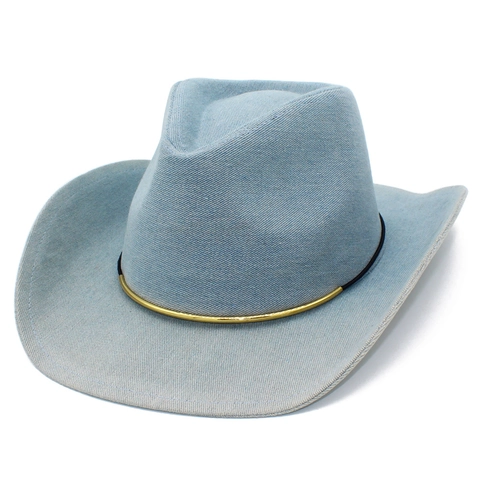 Cappello da Cowboy Occidentale Unisex Denim Blu Chiaro Fedora Con Fibbia in Metallo Dorato Retrò All'aperto Viaggio Parasole Antivento