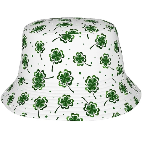 Reversible St Patricks Day Bucket Hat Green Four Leaf Clover Print Cotton Sunshade Fisherman Cap For Men Women
