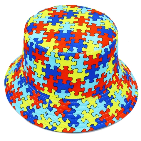 Colorful Puzzle Piece Print Cotton Bucket Hat For Men Women Reversible Hip Hop Outdoor Sun Protection Casual Basin Hat