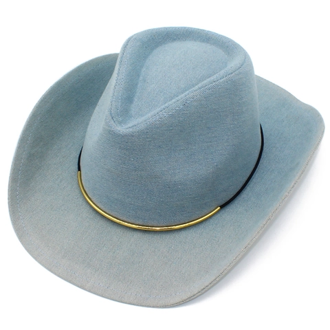 Cappello da Cowboy Occidentale Unisex Denim Blu Chiaro Fedora Con Fibbia in Metallo Dorato Retrò All'aperto Viaggio Parasole Antivento