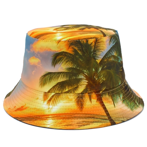 Bob Réversible Imprimé Coucher de Soleil Tropique et Cocotier pour Hommes Femmes Mélange de Coton Protection Solaire Plage Voyage Extérieur