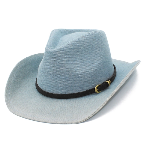 Western Style Washed Cotton Denim Cowboy Hat With Colored Belt Decoration Metal Buckle Wide Brim Outdoor Travel Fedora Hat