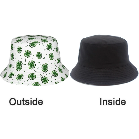 Reversible St Patricks Day Bucket Hat Green Four Leaf Clover Print Cotton Sunshade Fisherman Cap For Men Women