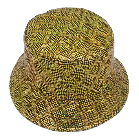 Holographic Gold Checkerboard Bucket Hat For Men Women Reversible Metallic Laser Disco Party Hip Hop Streetwear Sun Hat