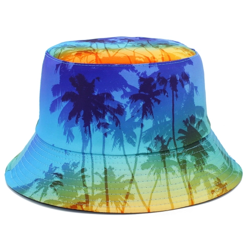 Summer Reversible Bucket Hat Gradient Palm Tree Print Sun Protection Fisherman Hat For Men Women Beach Outdoor Travel