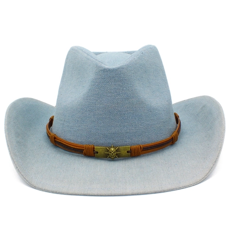 Vintage Western Cowboy Hat Denim Cotton Washed Wide Brim Fedora With Metal Skull Ornament For Men Women Outdoor Sunshade