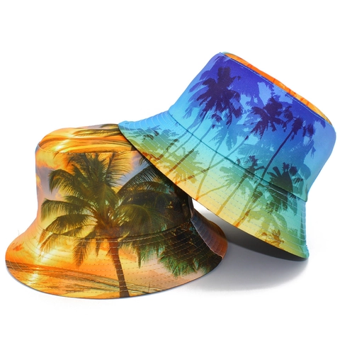 Tropical Palm Tree Printed Reversible Cotton Bucket Hat For Men Women Summer Beach Sun Protection Wide Brim Vacation Hat