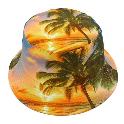 Bob Réversible Imprimé Coucher de Soleil Tropique et Cocotier pour Hommes Femmes Mélange de Coton Protection Solaire Plage Voyage Extérieur