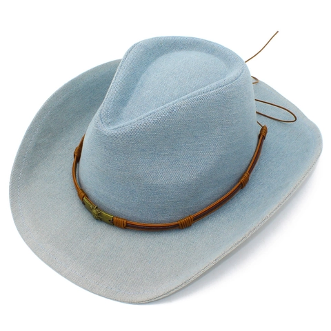 Vintage Western Cowboy Hat Denim Cotton Washed Wide Brim Fedora With Metal Skull Ornament For Men Women Outdoor Sunshade