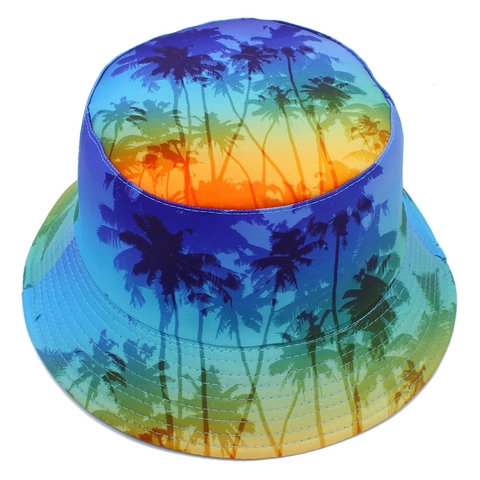 Summer Reversible Bucket Hat Gradient Palm Tree Print Sun Protection Fisherman Hat For Men Women Beach Outdoor Travel
