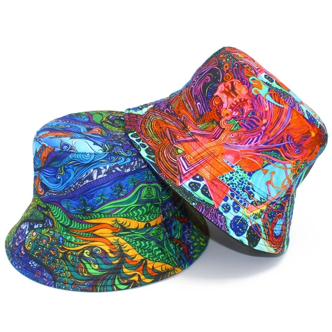 Omkeerbare Katoenen Vissershoed Met Psychedelische Abstracte Print Voor Heren Dames Zonwering Outdoor Hip Hop Streetwear Hoed