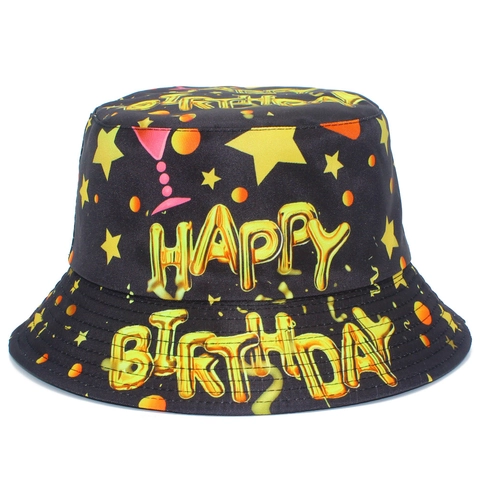 Women Cotton Happy Birthday Party Bucket Hat Black Gold Alphabet Printed Sun Protection Fisherman Cap Star Print Birthday Gifts