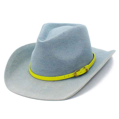 Chapeau de Cowboy en Denim de Coton Lavé Style Western Avec Décoration de Ceinture Colorée Boucle Métal Large Bord Fedora Voyage