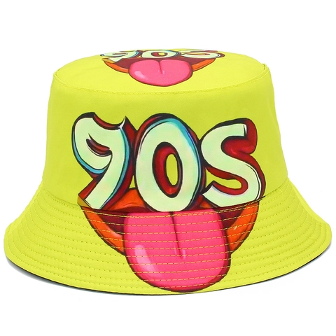 90s Retro Pop Art Lippen Print Vissershoed Omkeerbaar Neon Geel Zwart Katoen Zonnehoed Casual Streetwear Feestmuts Voor Unisex