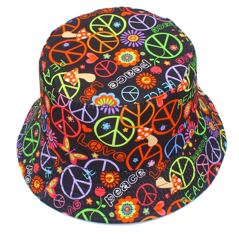 Bob avec Signe de Paix Multicolore Réversible en Canevas de Coton Imprimé Graffiti Fleur Champignon Chapeau de Soleil