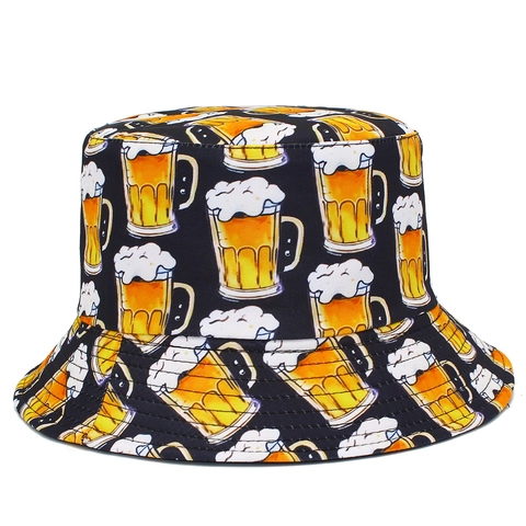 Unisex Beer Mug Print Reversible Cotton Bucket Hat Sun Shade Fisherman Cap For Party Travel Beach Vacation Oktoberfest
