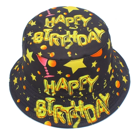 Women Cotton Happy Birthday Party Bucket Hat Black Gold Alphabet Printed Sun Protection Fisherman Cap Star Print Birthday Gifts