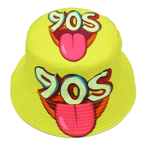 90s Retro Pop Art Lippen Print Vissershoed Omkeerbaar Neon Geel Zwart Katoen Zonnehoed Casual Streetwear Feestmuts Voor Unisex