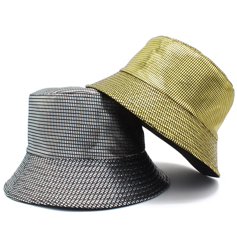 Glänzender Metallic-Gitter-Anglerhut PU-Leder Wasserdichter Sonnenschutz Streetwear Hip Hop Party Festival Hut Für Herren Damen