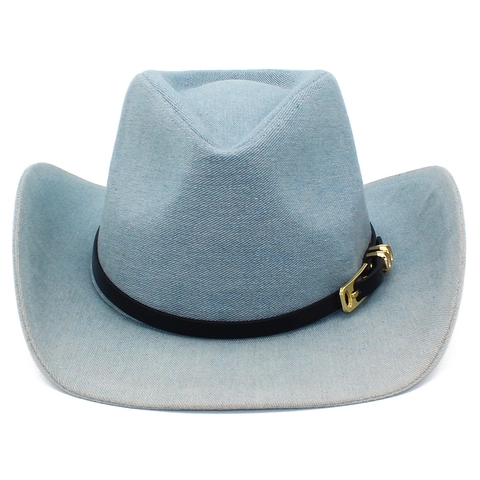 Women Vintage Western Cowboy Hat Light Blue Denim Fedora Hat With Metal Buckle Leather Strap Wide Brim Sunshade Jazz Hat