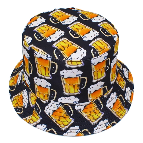 Unisex Beer Mug Print Reversible Cotton Bucket Hat Sun Shade Fisherman Cap For Party Travel Beach Vacation Oktoberfest