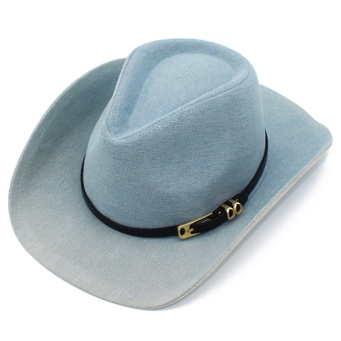 Women Vintage Western Cowboy Hat Light Blue Denim Fedora Hat With Metal Buckle Leather Strap Wide Brim Sunshade Jazz Hat